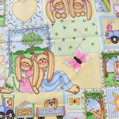 Bunny Train Fabric 42″ x 45″ Yard Pc Butterfly Sun Rainbow Whistle Stop Station