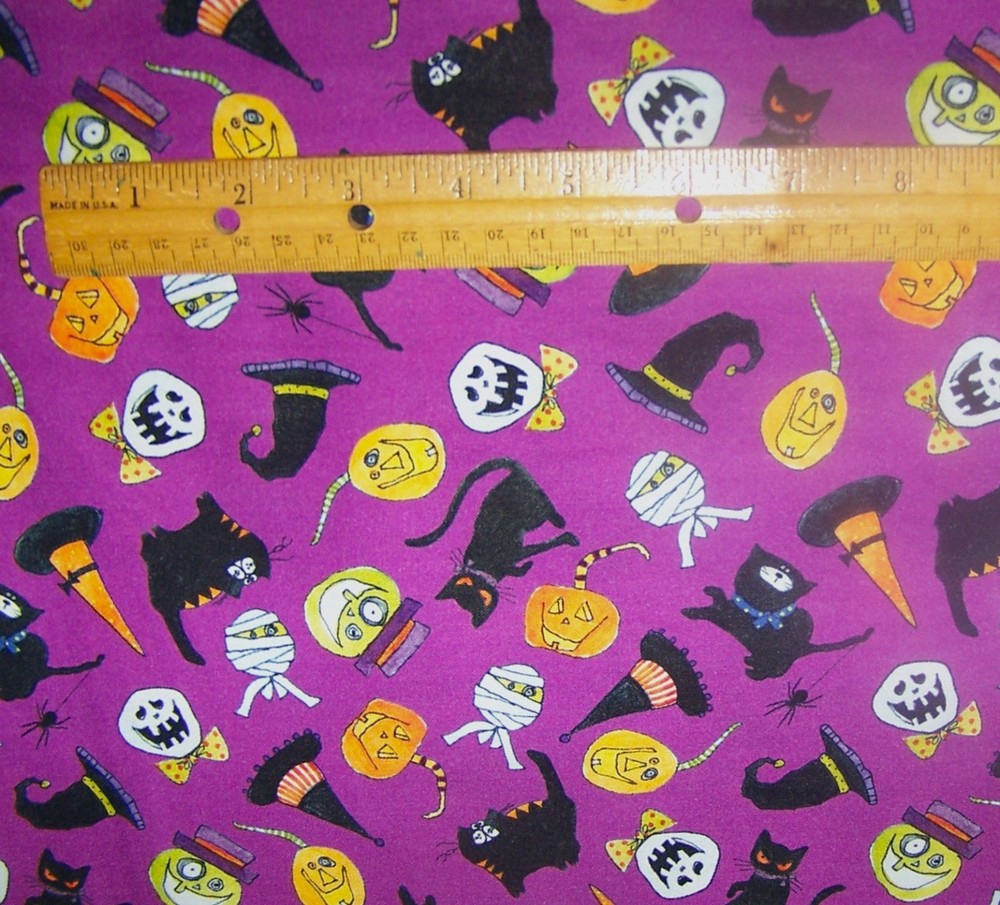 1 yd of 3 Wishes HALLOWEEN FACES PUMPKIN CATS MUMMY on PURPLE 100% Cotton Fabric