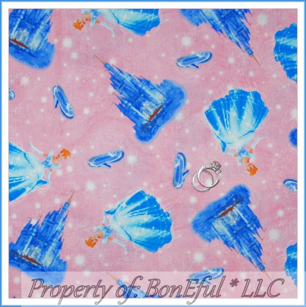 BonEful Fabric FQ Cotton Quilt Small Girl Princess Cinderella Dress Shoes Castle