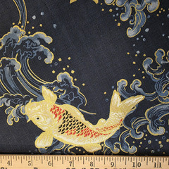 Ivory Koi in Water Waves on Dark Navy Blue Cotton Dobby Shirting – Gold Metallic