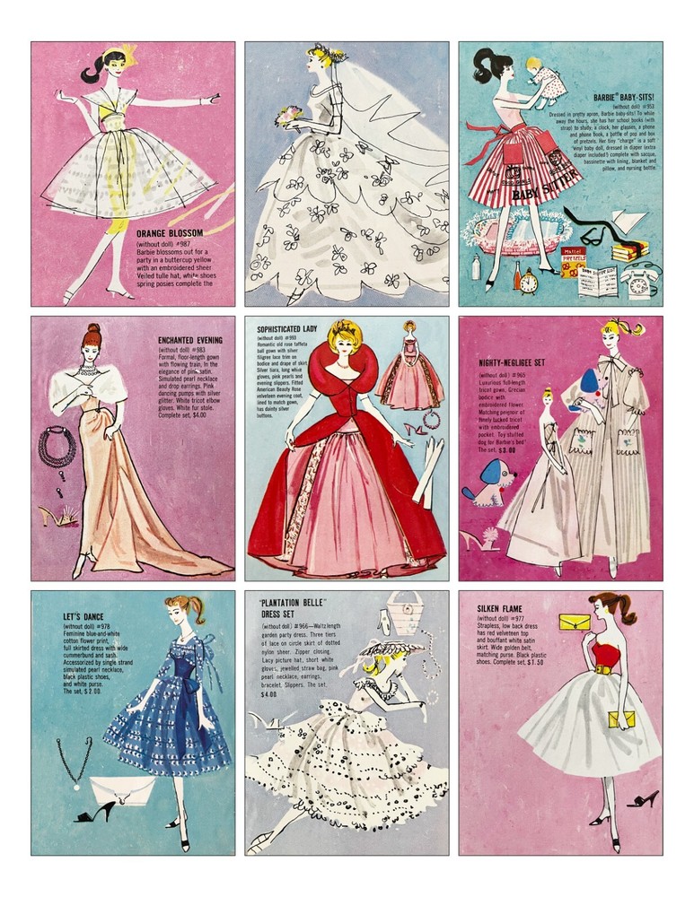 Set of 9 Vintage Retro 1960’s Pastel Barbie Doll Cotton FABRIC Images