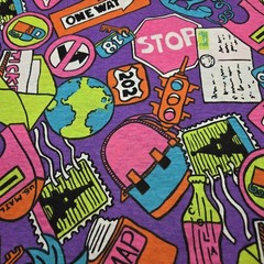 Vintage Unknown Brand Vacation Road Trip Fabric Piece Bright Neon Colors 1980s