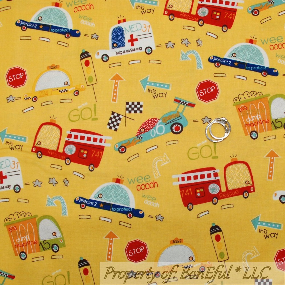 BonEful Fabric FQ Cotton Quilt VTG Boy Cop Police Car FIRE Truck RESCUE 911 HERO
