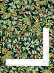 Christmas Holly Pine Gold Fabric – By The Yard – Holiday Musical Cotton Benartex