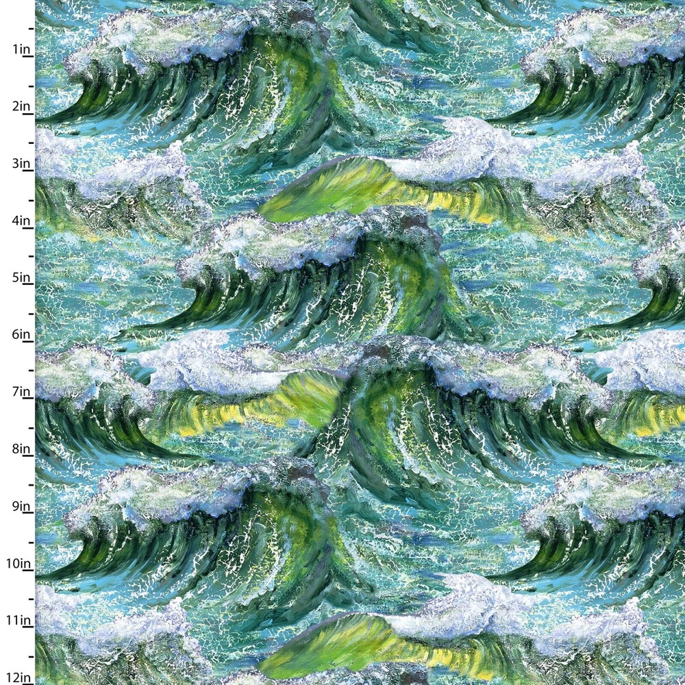 3 Wishes Fabric | Digital Call of Sea Ocean Wave Green Blue | Yard