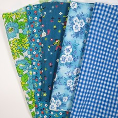 Vintage Fabric LOT Blue Scraps Remnants Floral 1970s 60s Prints Novelty Cotton