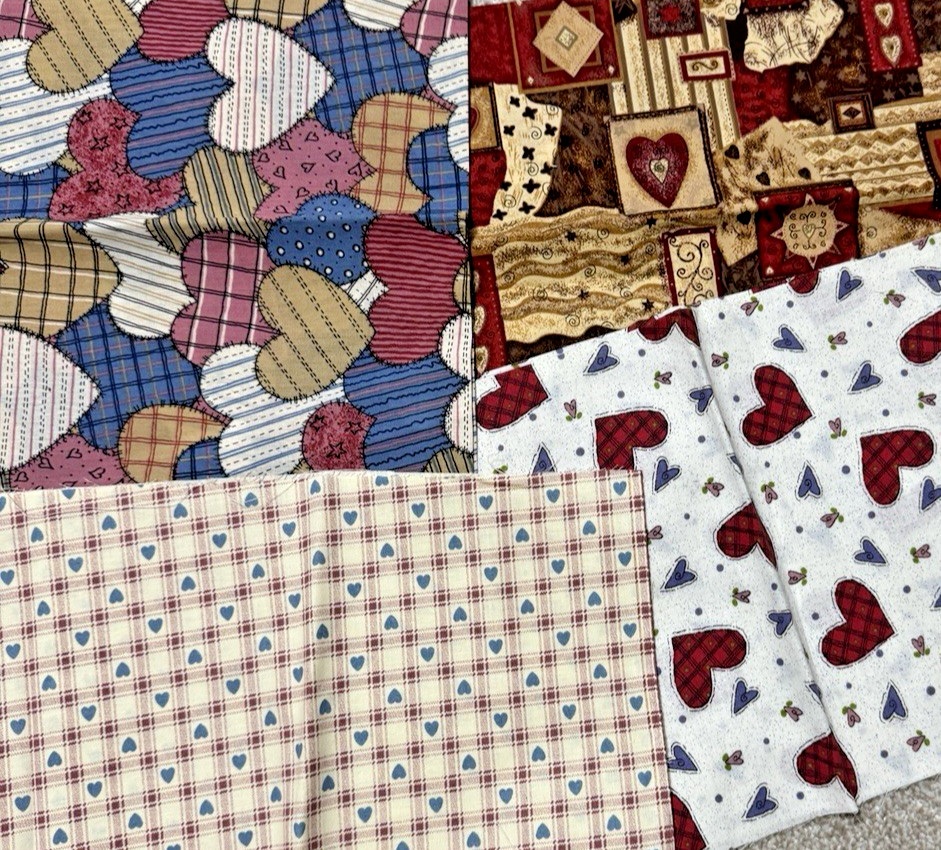 Cotton fabric lot of four pieces heart theme unknown brands, fat quarters