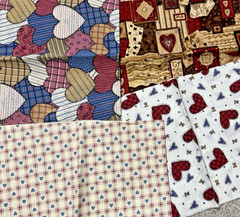 Cotton fabric lot of four pieces heart theme unknown brands, fat quarters