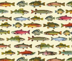 “The Lure Of Fishing” Lake Fish, Fishing Fabric-100%Cott 1 yd*BTY*Buttercream