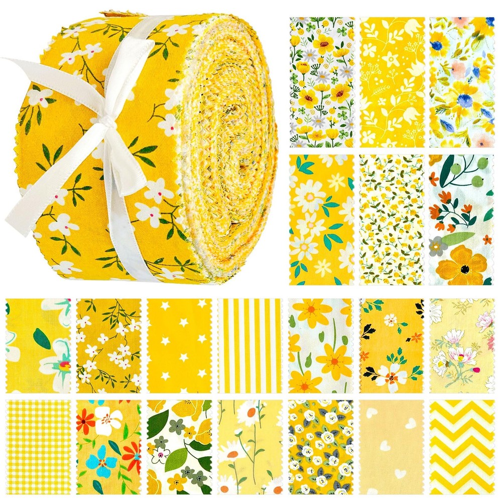 80 PCS Jelly Roll Fabric Strips Yellow Blue Floral Cotton Quilting 2.5×20 In