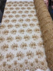 Fabric Sold By The Yard Gold Lace Beads On Mesh Embroidery Sequin Floral Flowers