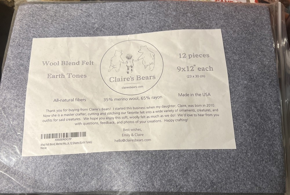 Claire’s Bears Earth Tones Wool Felt Blend Merino Wool & Rayon All Natural 9×12”