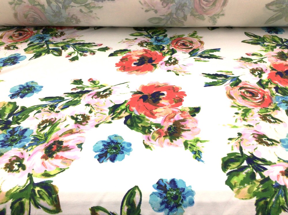 Double Brushed DTY Floral Spandex Stretch Apparel Fabric White Red Blue N413