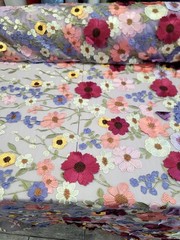 Multicolor Embroidery 3d Floral Lace Fabric By The Yard Lavender Mesh For Dress