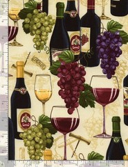 Food Fabric | Wine Bottle Glass Grape Allover Beige | Timeless Treasures YARD