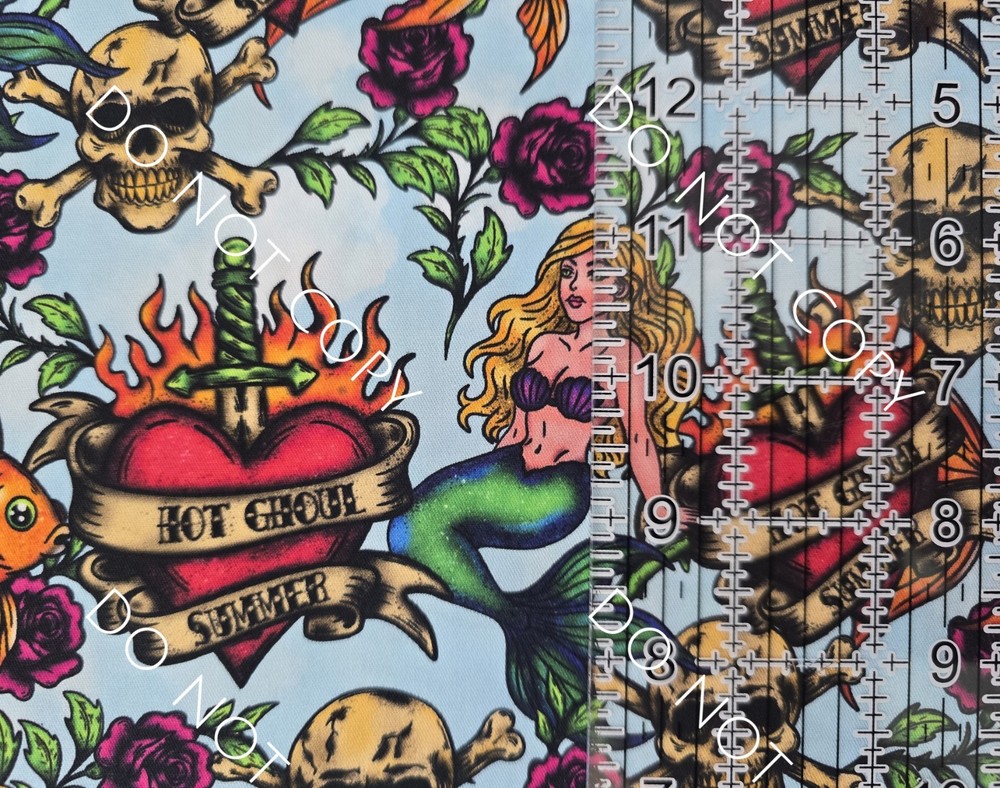100% Cotton Woven Novelty Fabric Hot Ghoul Summer Tattoo By The 1/4 Yard 9×56