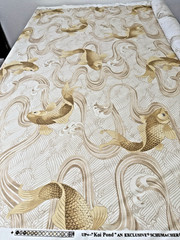 Schumacher Oriental Fish KOI POND Cotton Linen Fabric Golden Brown Tan RARE 4Yd