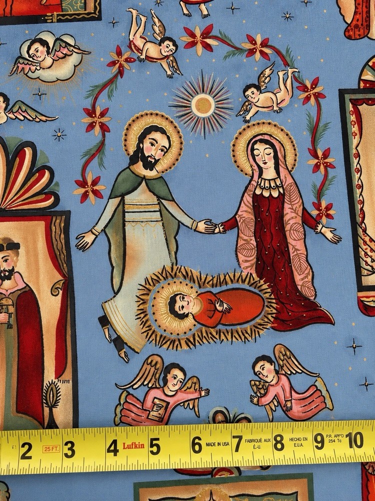 Vintage Alexander Henry Navidad Religious Christmas On Blue by Yard