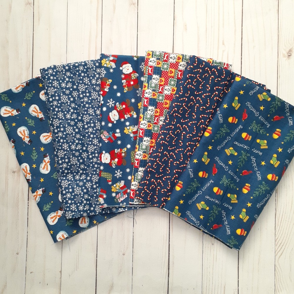 Set of Christmas Holiday Cotton Fat Quarters Blue Santa Snowflake Candy Cane 6ct