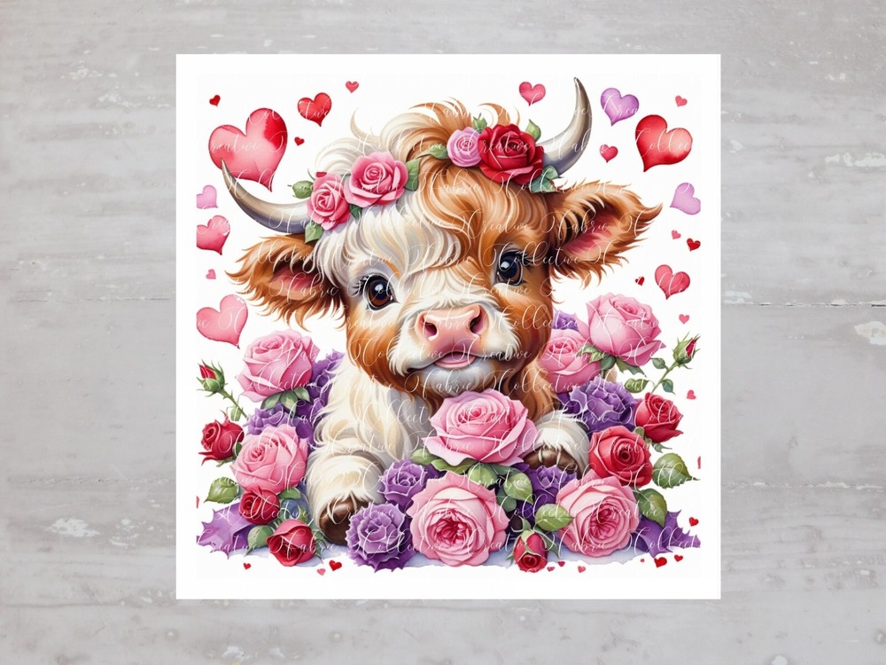 Valentines Floral Baby Highland Cow Fabric Panel Craft Sewing Quilt Block A559