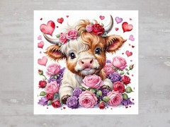 Valentines Floral Baby Highland Cow Fabric Panel Craft Sewing Quilt Block A559