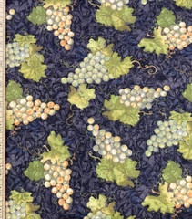 Vintage Wine Grapes On Black Susan Winget 100% Cotton Fabric — BY THE YARD