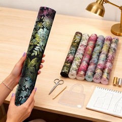 16×54 Inch Colorful Floral Faux Leather Fabric DIY Crafts Handbag Purse Black