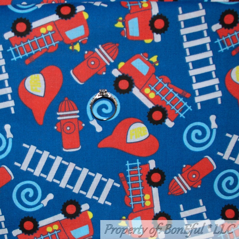 BonEful Fabric FQ Cotton Quilt Blue Red White Yellow Fire Truck Ladder Hydrant L