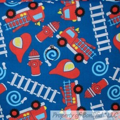 BonEful Fabric FQ Cotton Quilt Blue Red White Yellow Fire Truck Ladder Hydrant L