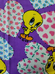 Vtg 1994 Tweety Bird Hearts Purple Fabric Warner Bros Lovables Novelty BTY x 45″
