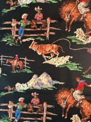 Fabric – Rare Vintage “ROUNDUP” Cowboy By MODA BARKCLOTH Black BTY 36” L x 54″ W