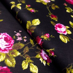 Romantic Ruby Red Floral Fabric | Black Poly-Cotton Blend by the Yard | 58″
