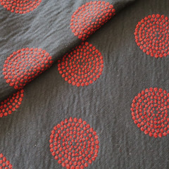 Vtg MCM Upholstery Fabric Black w Geometric Embroidered Red Circles 3.6 yds