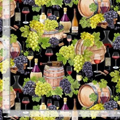 Wine Cellar Barrel Fabric By The Yard Black Cotton Timeless Treasures CD3826