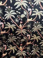 Lee Jofa, High Fliers, Treetop Playful Animals Scene Black Velour Fabric 2+ yds.
