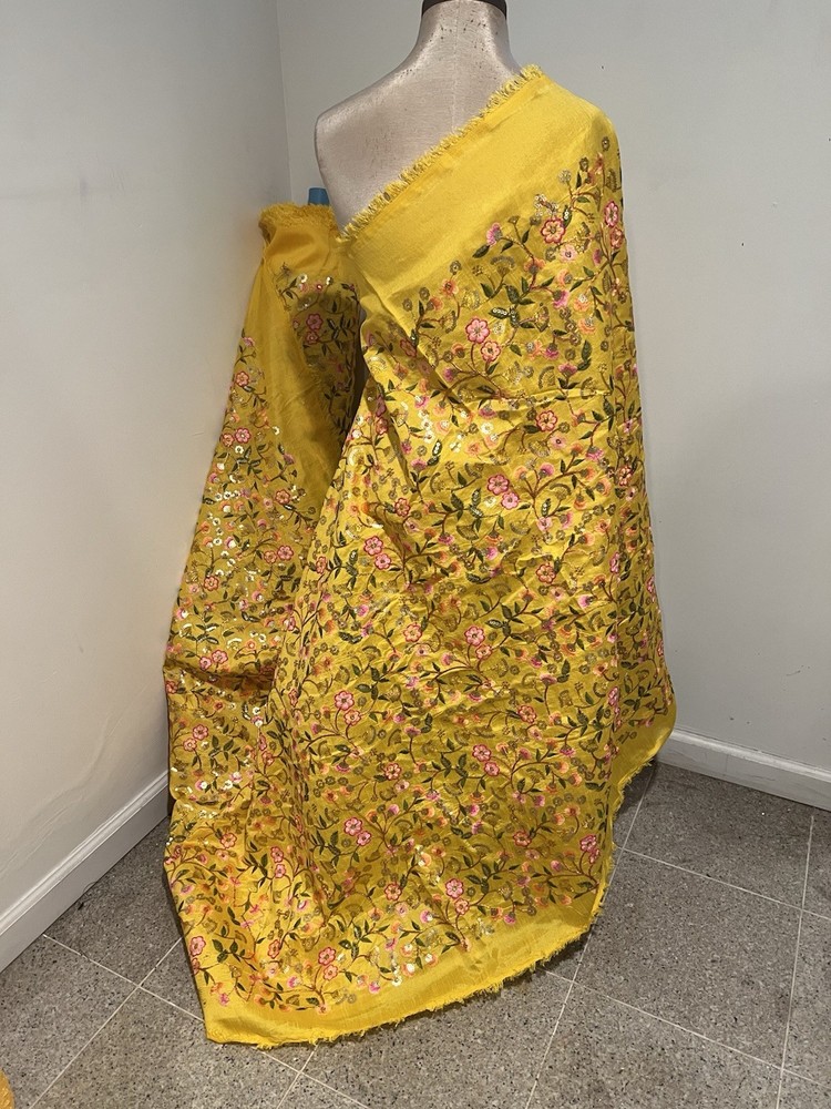 Yellow Gold Multi Sequins Embroidery Dupioni Fabrics 44” Width Sold By The Yard