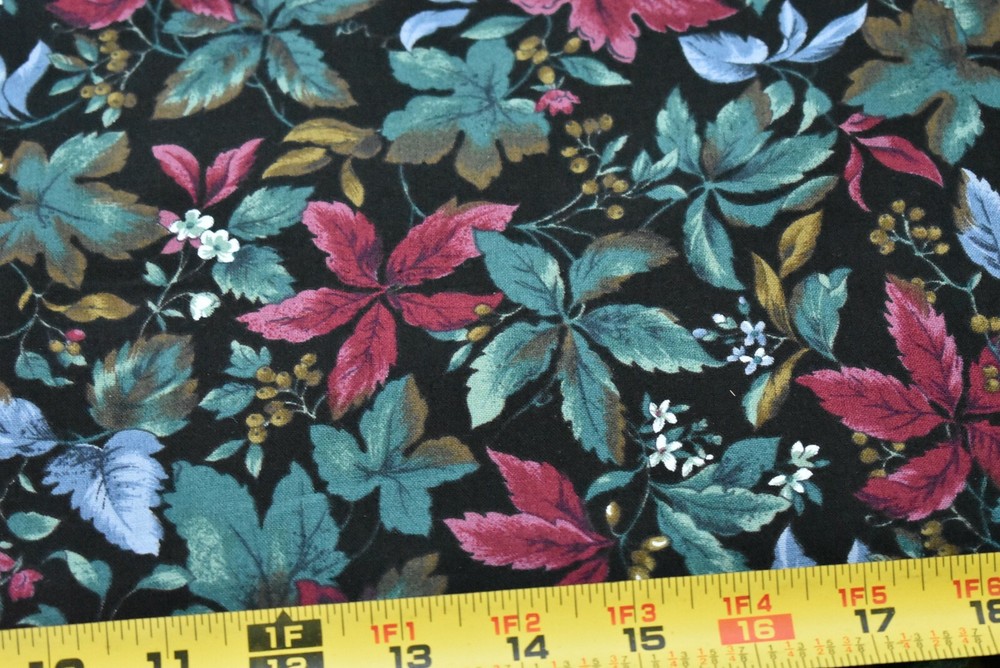 By 1/2 Yd, Burgundy Blue Green Floral on Black Cotton/Hoffman/Country Side,B1180