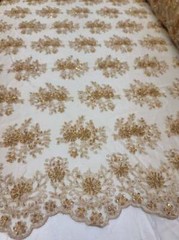 Fabric Sold By The Yard Gold Lace Beads On Mesh Embroidery Sequin Floral Flowers