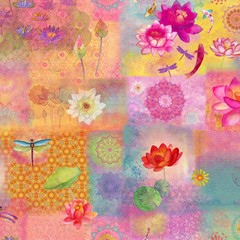 Lily Pond, Orchid Digital Patchwork, Clothworks 44″ Wide BTY