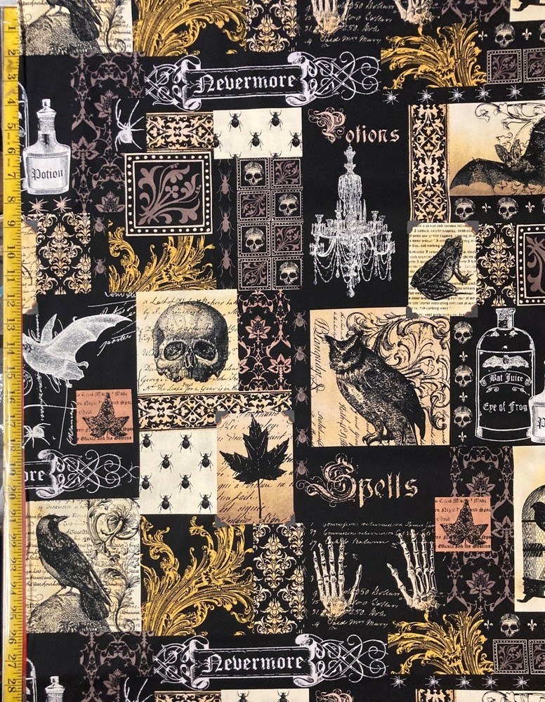 Nevermore Michael Miller Fabric Edgar Allan Poe Raven, Skulls,