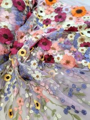 Multicolor Embroidery 3d Floral Lace Fabric By The Yard Lavender Mesh For Dress