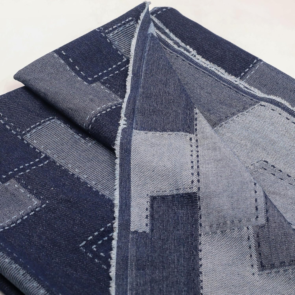 10Oz Weight Denim Patchwork Fabric,Deep Blue Square Pattern,Cotton,67 Inches Wid