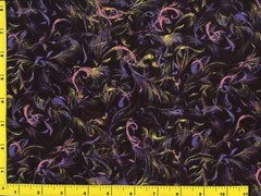 Purple Pink Yellow Lacy Feathers on Black Quilting & Sewing Fabric by Yard #787