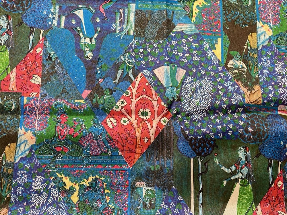 Vintage Rayon Fabric Indian Pictorial Pichwai Krishna Colorful 3.4 Yards