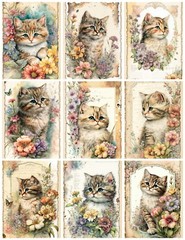 Set of 9 Shabby Chic Kitty Cat Floral Collage Craft Quilt Cotton Fabric Panel