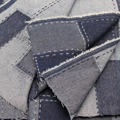 10Oz Weight Denim Patchwork Fabric,Deep Blue Square Pattern,Cotton,67 Inches Wid