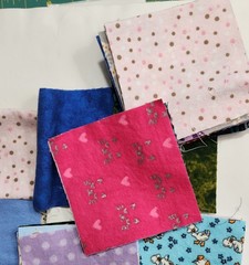 Scrap Lot of Flannel Squares (56) 4.5″ x 4.5″ & (2) 20″ Strips Mostly Kid Prints