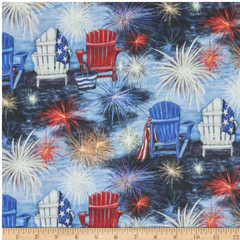 BTY Winget Patriotic FIREWORKS Chair Scenic Print 100% Cotton Quilt Fabric YARD