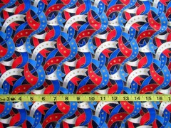 1 yd 100% Cotton Dark Blue with Red White & Blue Ribbons & Metallic Gold Stars