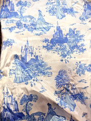 Disney Princess Toile Satin Fabric White Blue Castle Cinderella 1/2 yard